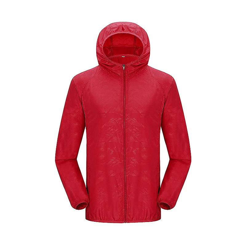 Red waterproof polyester jacket for hiking, featuring breathable, sun-protective design with anti-UV and anti-sweat properties.